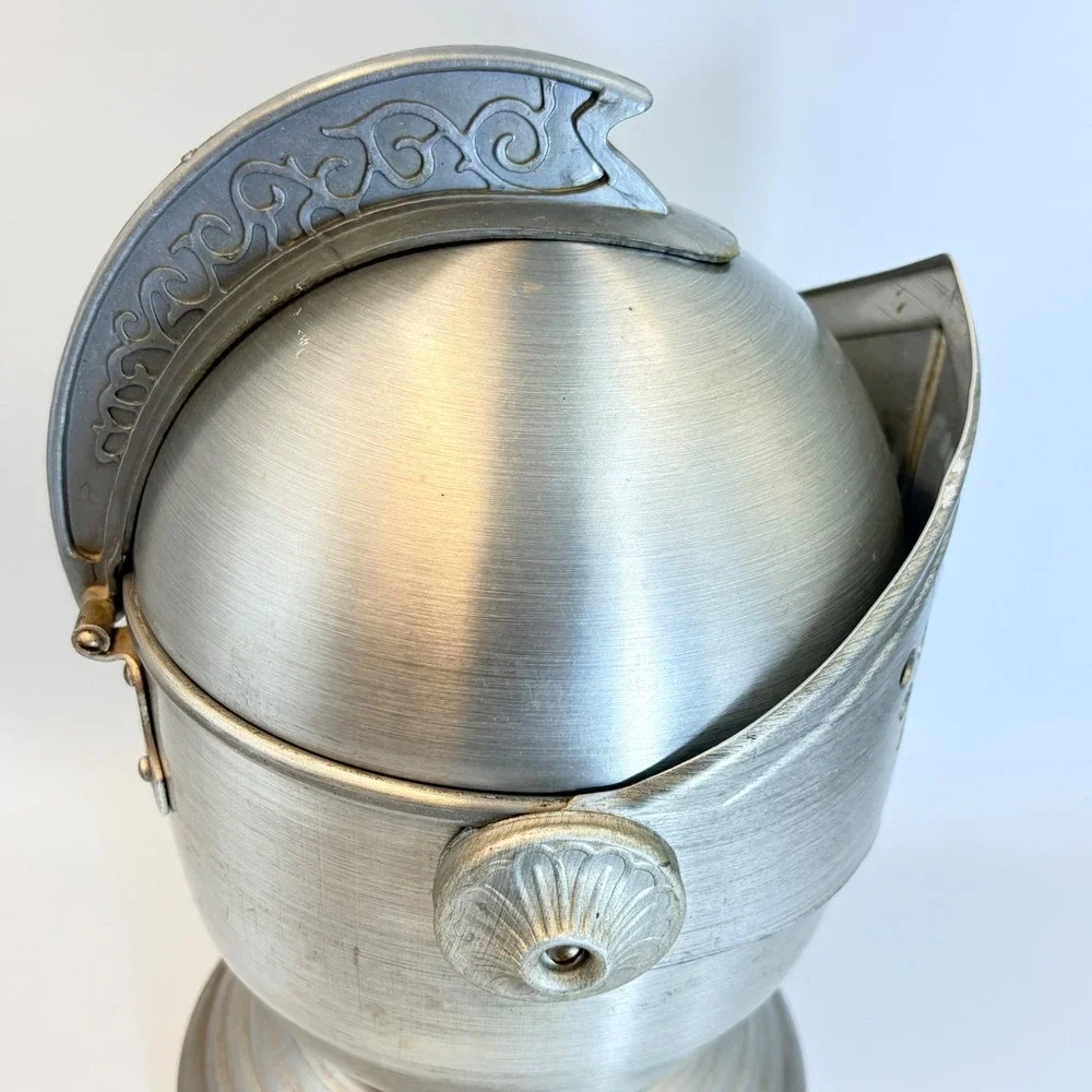 Vintage Knight Helmet Ice Bucket Aluminum Medieval Barware Silver Tone Insulated